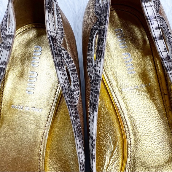 Miu Miu Gold Metallic Leather Pointed Toe Ballet Flats Snake Print Trim 38.5 - Picture 12 of 15
